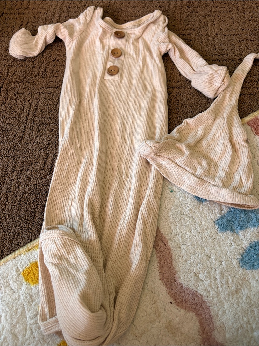 Caden lane tan Ribbed Baby gown with Matching Hat